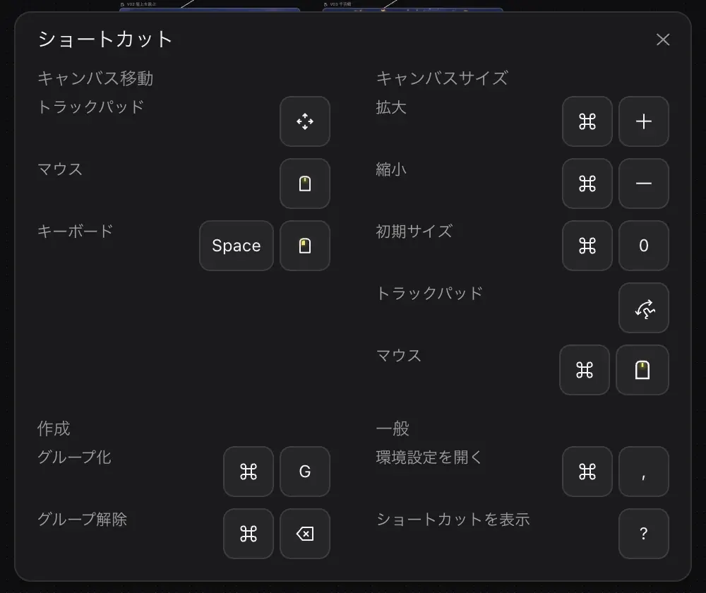 The shortcuts panel